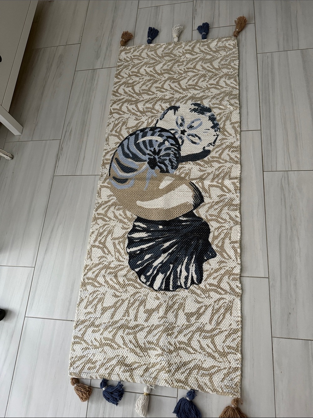 Coastal Inspired Area Runner Kitchen Rug with Tassels and Gold Accents